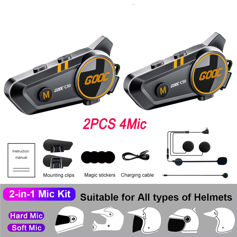 Bluetooth 5.3 Motorcycle Helmet Intercom Headset - Waterproof 300M Communication Speaker and Earphone