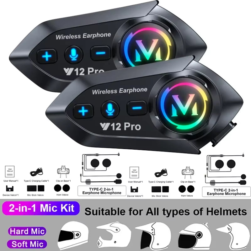 Bluetooth 5.3 Motorcycle Helmet Intercom Headset - Waterproof 300M Communication Speaker and Earphone