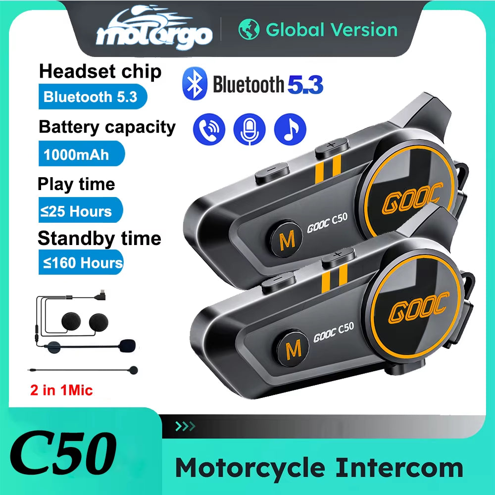 Bluetooth 5.3 Motorcycle Helmet Intercom Headset - Waterproof 300M Communication Speaker and Earphone