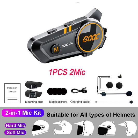 Bluetooth 5.3 Motorcycle Helmet Intercom Headset - Waterproof 300M Communication Speaker and Earphone