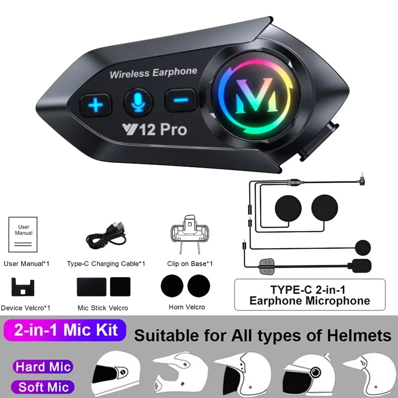Bluetooth 5.3 Motorcycle Helmet Intercom Headset - Waterproof 300M Communication Speaker and Earphone